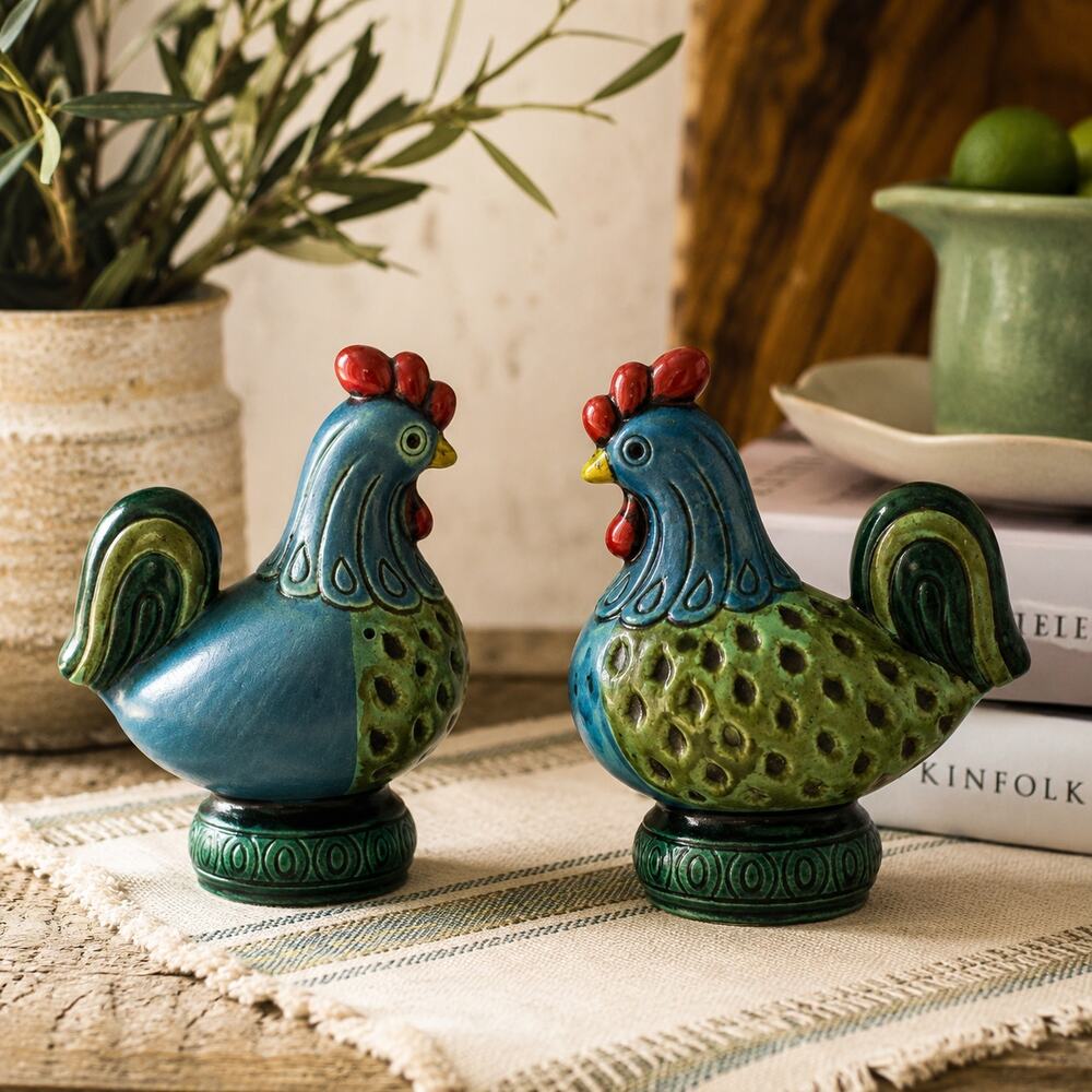 VTG 1960s Norleans Japan Ceramic Rooster Salt & Pepper Shakers Blue Green MCM